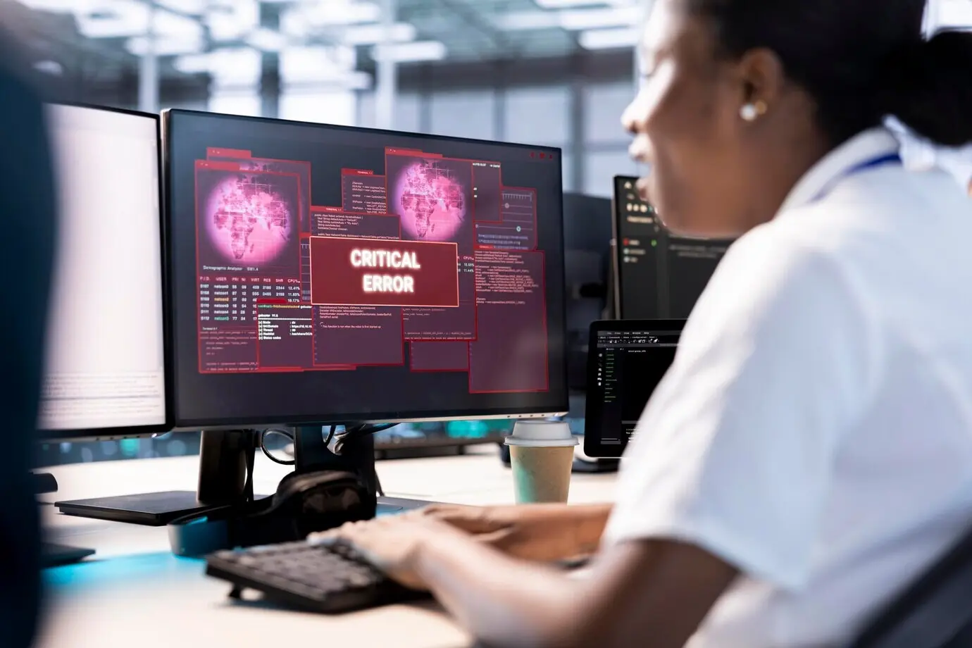 Женщине в дата-центре требуется помощь инженеров для устранения нарушения безопасности.